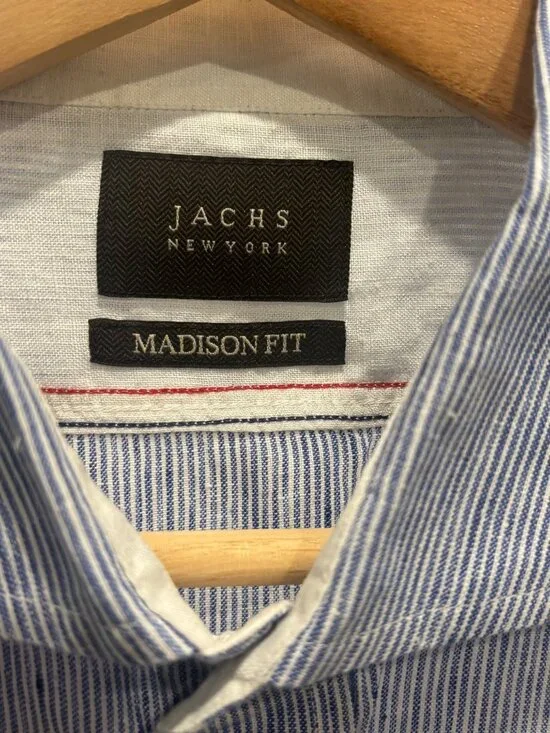 Jachs NY Blue Stripe Button Shirt Linen Blend Madison Fit Mens Large - Picture 4 of 11